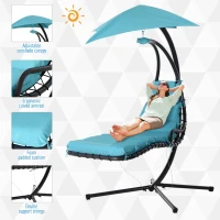 Outsunny Single Floating Chaise Lounge Curved Outdoor Porch Swing Chair Hanging Hammock Reclining Seat w/Arc Stand & Canopy Blue(m-4)