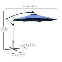 Outsunny 10ft Cantilever Solar Hanging Offset Umbrella Outdoor LED Lights Aluminum Market Banana Parasol Crank w/ Cross Base Garden Sun Shelter Blue(m-3)