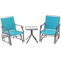 Outsunny 3 Piece Patio Glider Set Outdoor Gliders with Breathable Mesh Seat, Glass Top Table for Garden, Yard, Blue(m-9)