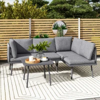 Outsunny 3 Pieces Outdoor Furniture Set, L Shaped Wicker Patio Furniture Conversation Set with Cushions, Steel Table, Grey(m-1)