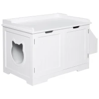 PawHut Wooden Cat Litter Box Enclosure, Hidden Cat Washroom, Kitten House with Nightstand End Table and Storage Rack Magnetic Doors, White(m-1)