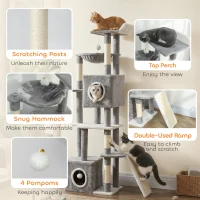 PawHut 65 Inch Cat Tree with 2 Doors Condos, Plush Top Perch, Hammock, Sisal Scratching Posts, 4 Pompoms, Ramp, Grey(m-6)