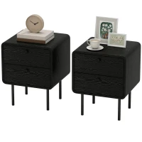 HOMCOM Modern Bedside Tables Set of 2, 2 Pieces Nightstands with 2 Storage Drawers and Steel Legs for Bedroom, Black Wood Grain(m-2)