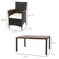Outsunny 7 Pieces Wicker Patio Dining Set Outdoor Furniture Set with Removable Cushions, Acacia Wood Top Dining Table, PE Rattan Conversation Set for Garden Poolside, Black(m-3)