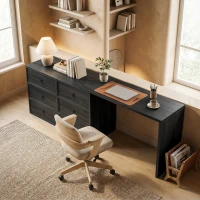 HOMCOM L Shaped Computer Desk Home Office Desk with 6 Drawers Black Wood Grain(m-8)