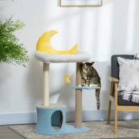 PawHut Moon Cat Tower for Indoor Cats with Teddy Fleece House Bed Scratching Post Hanging Toy Star Platform 41" Blue(m-8)