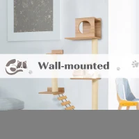 PawHut Wall Mounted Cat Tree with Scratching Post Condo Bridge Cat Climbing Shelves Furniture, Brown(m-4)