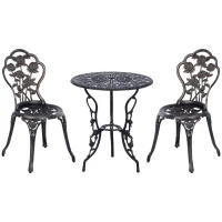 Outsunny 3 Pieces Aluminum Bistro Set, Bistro Table Set Outdoor Patio Furniture with Umbrella Hole, Patio Table and Chairs with Floral Patterns for Garden, Balcony, Porch, Bronze(m-2)