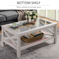 HOMCOM Farmhouse Coffee Table with Tempered Glass Table Top, 2-tier Center Table with Bottom Storage Shelf for Living Room, Bedroom(m-6)