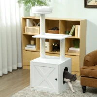 PawHut Cat Tree with Litter Box Enclosure, Sisal Covered Scratching Posts, Large Platform, Bed for Indoor Cats, White(m-8)