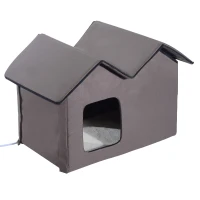 PawHut Double Heated Cat House Portable Indoor/Outdoor Kitty Shelter for Ferral Cat in Winter, Brown(m-1)