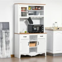 HOMCOM 71" Kitchen Buffet with Hutch, Farmhouse Style Storage Cupboard with Utility Drawer, 3 Door Cabinets and 5-tier Shelves, White(m-8)