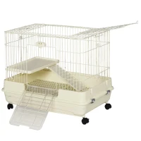 PawHut 2-Level Small Animal Cage Rabbit Hutch with Wheels, Removable Tray, Platform and Ramp for Bunny, Chinchillas, Ferret, White(m-11)