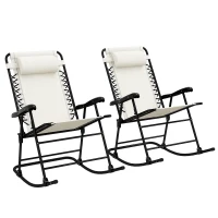 Outsunny 2pc Patio Foldable Rocking Chair Set w/ Breathable Mesh Seat & Backrest, Headrest for Park, Backyard, Garden, Cream(m-9)