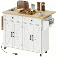 HOMCOM Kitchen Island with Storage, Rolling Kitchen Cart with Charging Station, Drop Leaf, Spice Rack, Towel Rack, Drawers(m-2)