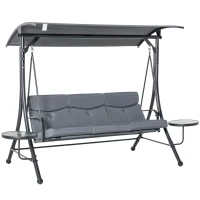 Outsunny 3 Seat Outdoor Swing Chair Steel Swing Bench Porch Swing With Adjustable Canopy, Coffee Tables and Cushion for Patio Garden, Dark Grey(m-3)