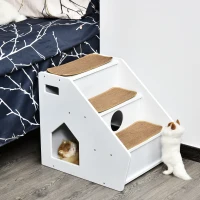 PawHut 3-Step Pet Stairs for Dogs and Cats with Built-in House and Nonslip Carpet, White(m-10)