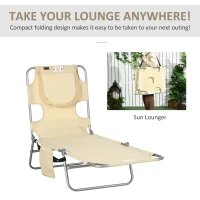 Outsunny Folding Outdoor Lounge Chair, 5-Level Tanning Chair with Face Hole, Side Pocket, Carry Strap for Beach Pool, Beige(m-7)