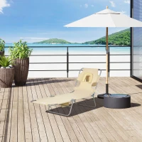 Outsunny Folding Outdoor Lounge Chair, 5-Level Tanning Chair with Face Hole, Side Pocket, Carry Strap for Beach Pool, Beige(m-1)