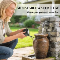 Outsunny Outdoor Water Fountain Adjustable Water Flow Garden Fountain with LED Lights Rustic Urn Design(m-5)