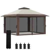 Outsunny 13' x 13' Pop Up Canopy, 2-Tier Roof Easy up Tent Shelter with Nettings Carry Bag Weight Bags for Garden, Patio, Beige(m-2)