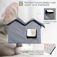 PawHut Double Heated Cat House Portable Indoor/Outdoor Kitty Shelter for Ferral Cat in Winter, Grey(m-5)