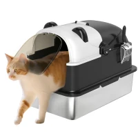 PawHut Panda Style XL Stainless Steel Cat Litter Box with Lid, Enclosed Kitty Litter Box with Scoop, 23.7" x 15.9" x 17.6"(m-9)