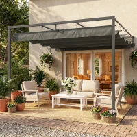 Outsunny 10' x 10' Retractable Pergola Canopy, Wall-Mounted Pergola, Outdoor Sun Shade Shelter for Garden, Balcony, Dark Grey(m-8)