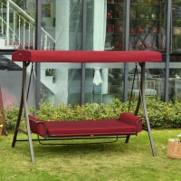 Outsunny 3 Person Porch Swing Bed, 2-in-1 Convertible Outdoor Patio Swing Chair Bench Hammock with Adjustable Canopy, Cushions, Pillows for Porch and Backyard, Red(m-8)