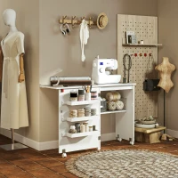HOMCOM Sewing Machine Cabinet, Folding Sewing Table with Storage Shelf, Bins and Lockable Wheels for Small Space, White(m-1)