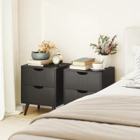 HOMCOM Modern Bedside Table Set of 2, Nightstand with 2 Drawers and Pine Wood Legs for Bedroom, Black(m-1)