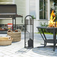 Outsunny Fireplace Tools Set, 5 Pieces Fireside Accessories with Brush, Shovel, Poker, A Pair of Tongs, Stand, Black(m-1)