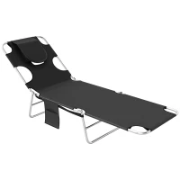 Outsunny Folding Outdoor Lounge Chair, 5-Level Tanning Chair with Face Hole, Side Pocket, Carry Strap for Beach Pool, Black(m-9)