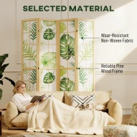 HOMCOM 4 Panel Folding Privacy Screen, 67" Room Divider with Palm Leaf Design for Living Room Bedroom, Natural and Green(m-6)
