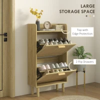 HOMCOM Slim Shoe Storage with 2 Flip Drawers and Adjustable Shelves, Rattan Shoe Cabinet Organizer for 12 Pair, Oak(m-4)