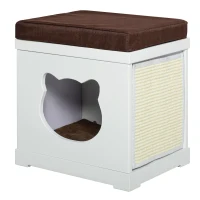 PawHut Wooden Cat Bed Cube House with Soft Padded Cushions, 2 Exterior Scratching Boards, & Interior Space, White(m-11)