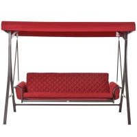 Outsunny 3 Person Porch Swing Bed, 2-in-1 Convertible Outdoor Patio Swing Chair Bench Hammock with Adjustable Canopy, Cushions, Pillows for Porch and Backyard, Red(m-11)