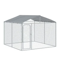 PawHut Outdoor Dog Kennel Galvanized Steel Fence with Cover Secure Lock Mesh Sidewalls for Backyard 9.8' x 9.8' x 7.7'(m-9)