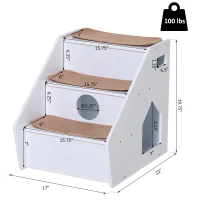 PawHut 3-Step Pet Stairs for Dogs and Cats with Built-in House and Nonslip Carpet, White(m-3)