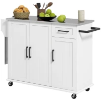 HOMCOM Kitchen Island with Storage, Rolling Kitchen Cart on Wheels, Kitchen Island with Storage, Drawer, 3 Cabinets, Stainless Steel Countertop, Spice Rack and Towel Rack, White(m-2)