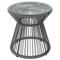 Outsunny Round End Table, Rattan Side Table, Hollow Drum Design Coffee Table w/ Glass Top for Patio, Garden, Balcony, Dark Grey(m-9)