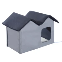 PawHut Double Heated Cat House Portable Indoor/Outdoor Kitty Shelter for Ferral Cat in Winter, Grey(m-1)