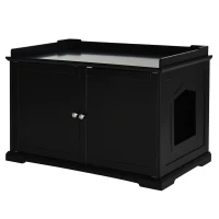 PawHut 37.5" Wooden Covered Mess Free Cat Litter Box End Table Hideaway Cabinet with Storage for Accessories, Black(m-11)