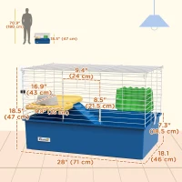 PawHut 18.5" Small Animal Cage with Water Bottle, Food Dish, Platform, Ramp, Blue(m-3)
