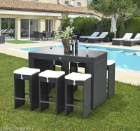 Outsunny 7pcs Rattan Bar Set Garden Wicker Dining Set 1 Table w/ 6 Stools and Cushion Outdoor Yard Patio Furniture Aluminum Frame All Weather(m-4)