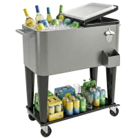 Outsunny 80 Quart Rolling Patio Cooler Cart with Storage Shelf, Patio Cooler with Locking Wheels, Bottle Opener & Cap Catcher(m-9)