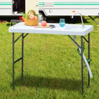Outsunny Folding Table Fish Table Cleaning Wash Table with Sink, Faucet and Spray Cleaner for BBQ Camping Picnic Garden 45"x23"x37" White(m-1)