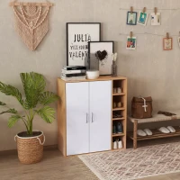 HOMCOM 35.5" Shoe Cabinet, 3-Tier Free Standing Shoe Storage Cabinet with Adjustable Shelves and 5 Open Cubes for Entryway, Hallway, Living Room, Natural(m-1)