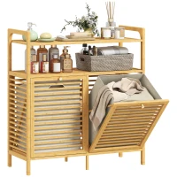 HOMCOM Tilt Out Laundry Hamper, Bamboo Laundry Cabinet with 2 Removable Baskets and 2-Tier Shelves for Laundry Room, Natural(m-9)
