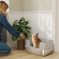 PawHut Stainless Steel Litter Box, XL High Sided Cat Litter Box with Scoop, Anti Leakage & Easy to Clean, 24" x 16" x 12", Grey(m-1)